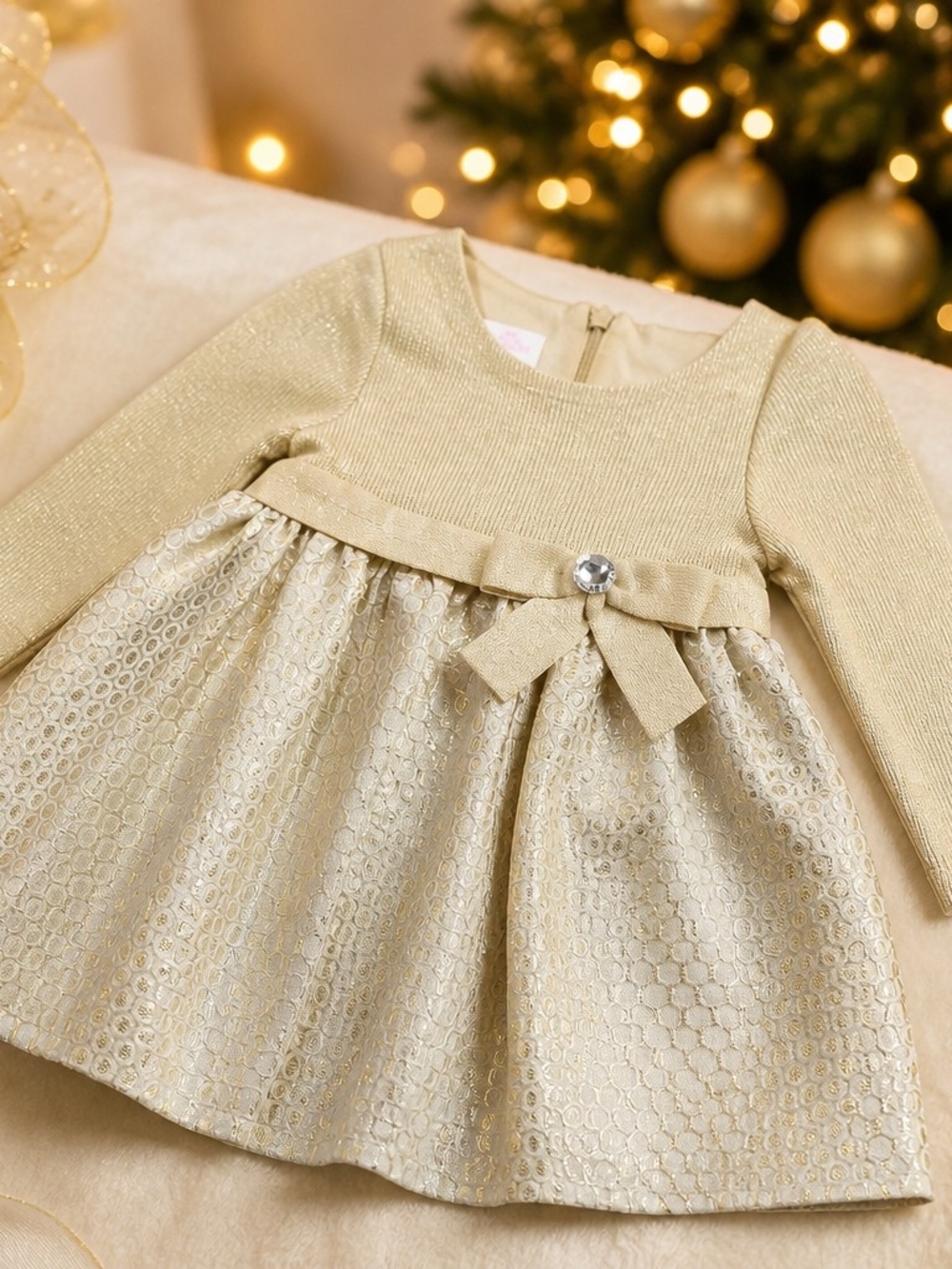 Bonnie Baby Metallic Gold Bow Holiday Dress Sz 12 Months